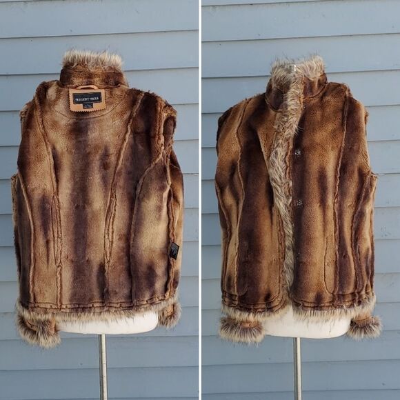 Vintage 90s y2k Vegan Suede Faux Fur Brown Penny Lane Embroidered Stud Coat Lg - Picture 5 of 9